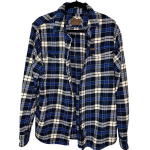 Orvis Plaid Flannel Shirt Button Down Shacket Mens Medium Blue Black Cotton